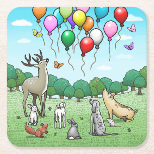 Dessous-de-verre Carré En Papier Animaux avec ballons d'anniversaire