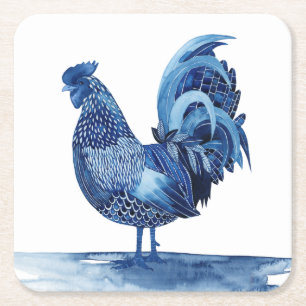 Dessous-de-verre Carré En Papier Animaux de ferme de bleu de cobalt - coq