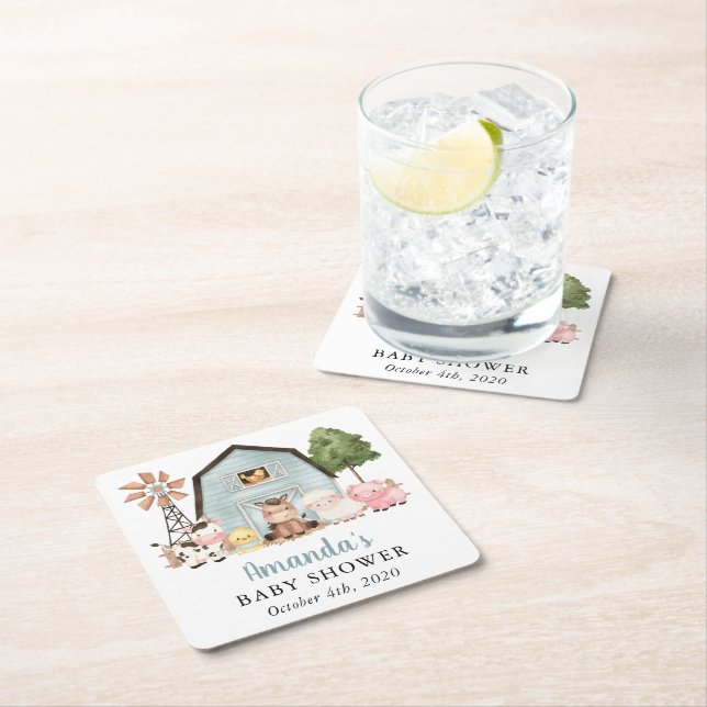 Dessous-de-verre Carré En Papier Animaux de la ferme, Animaux mignons, Grange bleue (En situation)