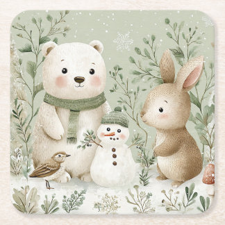 Dessous-de-verre Carré En Papier Animaux de la forêt de bois & Bonhomme de neige