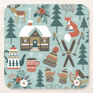 Dessous-de-verre Carré En Papier Animaux forestiers : Hiver Vintage sans couture.