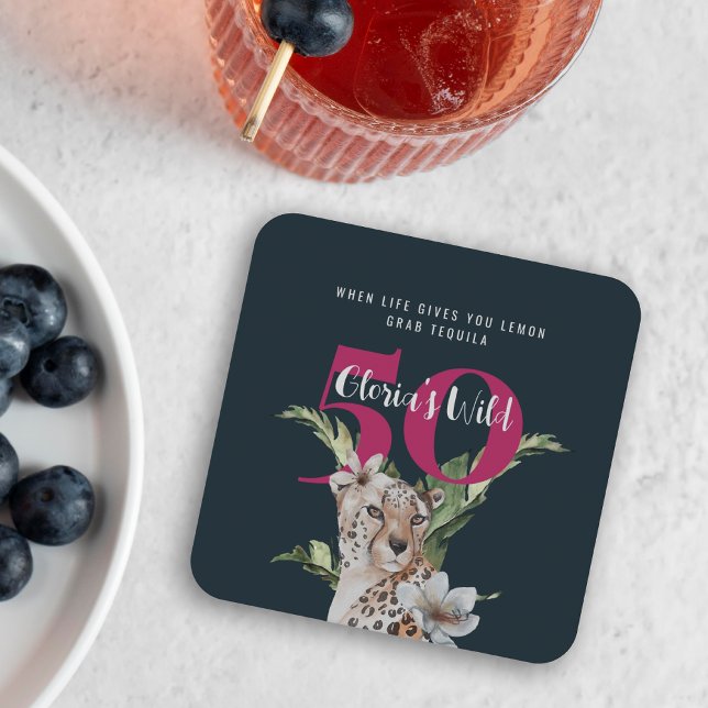 Dessous-de-verre Carré En Papier Animaux léopards sauvages rose 50e anniversaire (Créateur téléchargé)