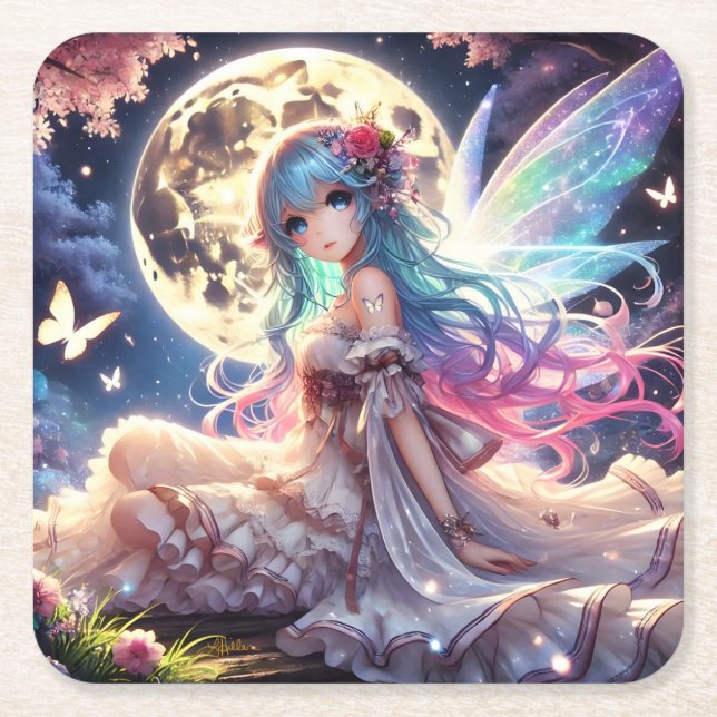 Dessous-de-verre Carré En Papier Anime Girl Moon Fairy Princesse dans le jardin (Devant)