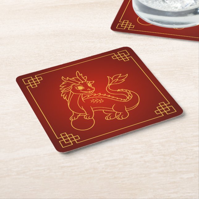 Dessous-de-verre Carré En Papier Année du dragon 2024 Zodiac chinois (Incliné)