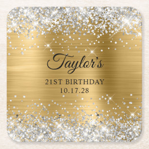 Dessous-de-verre Carré En Papier Anniversaire 21 ans Feuille d'Or Paillettes Argent