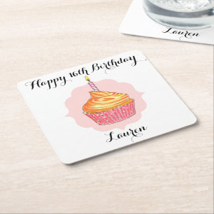 Dessous-de-verre Carré En Papier Anniversaire Cupcake rose Personnalisé