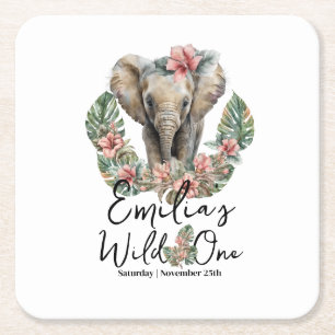 Dessous-de-verre Carré En Papier Anniversaire de bébé éléphant sauvage aquarelle Sa