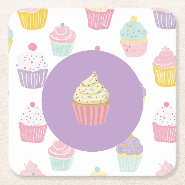 Dessous-de-verre Carré En Papier anniversaire de enfant fête cupcake pastel motif (Devant)