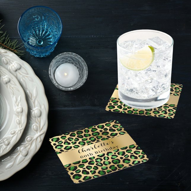 Dessous-de-verre Carré En Papier Anniversaire de léopard vert émeraude (Créateur téléchargé)