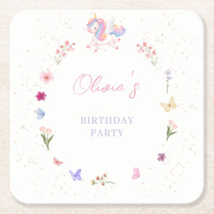 Dessous-de-verre Carré En Papier Anniversaire de Licorne Aquarelle Magique