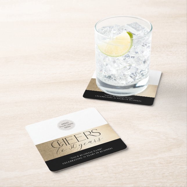 Dessous-de-verre Carré En Papier ANNIVERSAIRE D'ENTREPRISE élégant affaires or noir (En situation)