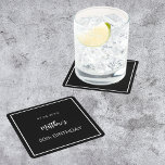 Dessous-de-verre Carré En Papier Anniversaire noir blanc minimaliste homme gars<br><div class="desc">Un arrière - plan noir décoré d'un cadre blanc. Personnalisez et ajoutez une date,  un nom,  un âge.</div>