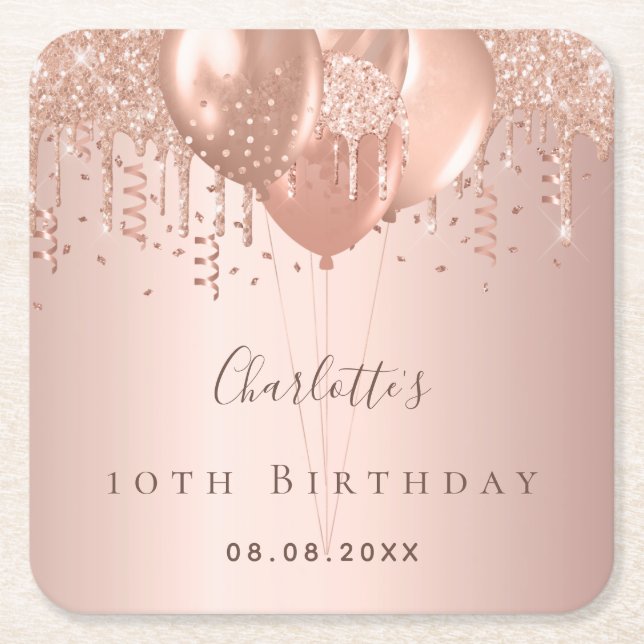 Dessous-de-verre Carré En Papier Anniversaire rose or parties scintillant ballons m (Devant)