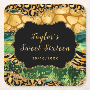 Dessous-de-verre Carré En Papier Anniversaire Sweet Sixteen Safari Agate Or et Vert