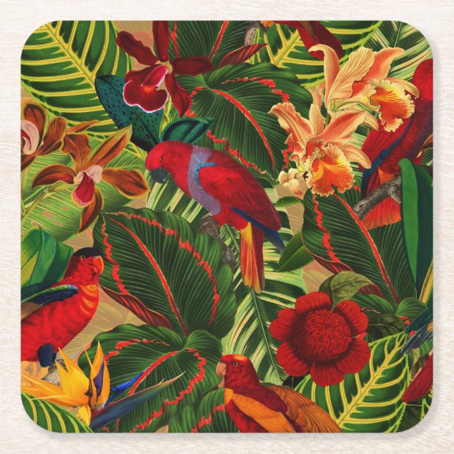 Dessous-de-verre Carré En Papier Antique Tropical Parrots Jungle Motif (Devant)