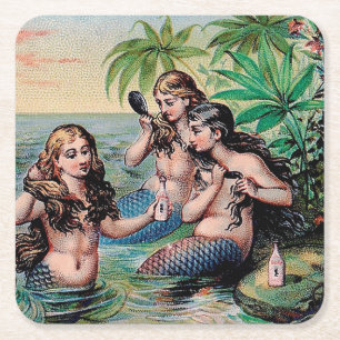 Dessous-de-verre Carré En Papier Antique Victoriens Sirènes Trésor Navire Vintage