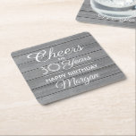 Dessous-de-verre Carré En Papier ANY Birthday Cheers Rustic Wood Elegant Gray White<br><div class="desc">Add an elegant personalized touch to birthday party decorations with these stylish faux grey wood paper coasters. Design features modern script calligraphy editable "Cheers to 30 Years" on a rustic gray wood look background. This template is set up for a 30th birthday celebration, but is simple to customize to a...</div>