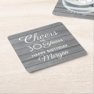 Dessous-de-verre Carré En Papier ANY Birthday Cheers Rustic Wood Elegant Gray White