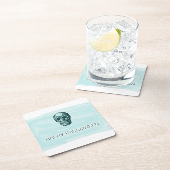 Dessous-de-verre Carré En Papier Aqua Aquarelle Crâne Halloween Dessous de verre en (En situation)
