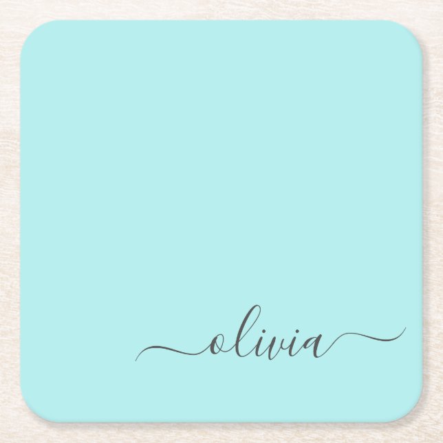 Dessous-de-verre Carré En Papier Aqua Blue Turquoise Moderne Script Girl Monogramme (Devant)