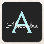 Dessous-de-verre Carré En Papier Aqua Teal Blue Script Girly Monogram<br><div class="desc">Noir et Aqua al Bleu Simple Script Monogramme Nom Dessous de verre papier. Cela fait le cadeau parfait de remise de diplômes,  anniversaire,  mariage,  douche nuptiale,  anniversaire,  baby shower ou bachelorette pour quelqu'un qui aime le luxe glam et les styles chic.</div>