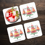 Dessous-de-verre Carré En Papier Aquarelle Arbres de Noël<br><div class="desc">De beaux arbres de Noël aquarellés surmontés d'une étoile dorée mettent en valeur ces dessous de verre en papier carré avec Joyeux Noël et votre nom de famille en lettres chic. Amusez-vous pour votre décor de vacances ou offrez-en un cadeau. CORRESPONDANCE d'objets dans notre collection.</div>