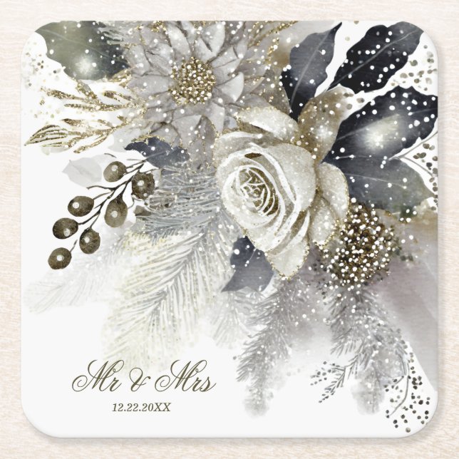 Dessous-de-verre Carré En Papier Aquarelle Argent Golden White Roses Fleurs (Devant)