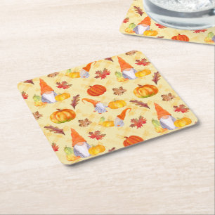 Dessous-de-verre Carré En Papier Aquarelle Automne Gnomes, Citrouille Et Carré Feui