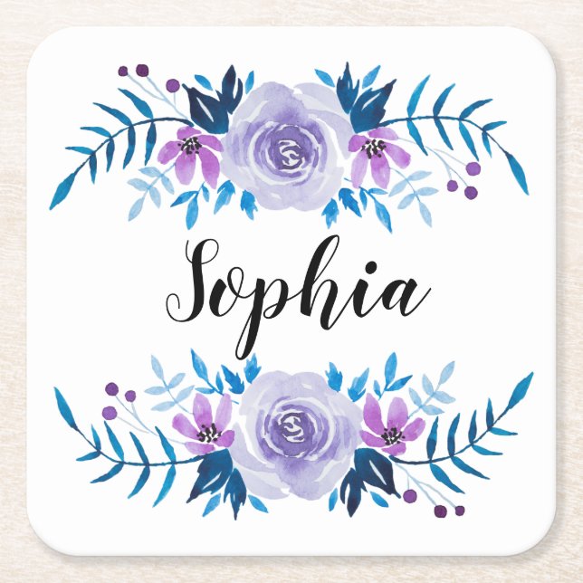 Dessous-de-verre Carré En Papier Aquarelle bleu violet couronne florale Texte perso (Devant)
