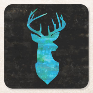 Dessous-de-verre Carré En Papier Aquarelle bleue Cerf Silhouette