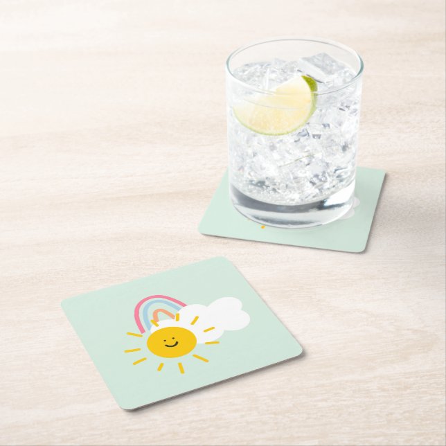 Dessous-de-verre Carré En Papier Aquarelle Boho arc-en-ciel et soleil (En situation)