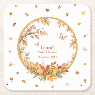 Dessous-de-verre Carré En Papier Aquarelle Bois Automnal Oiseau & Feuilles D'automn