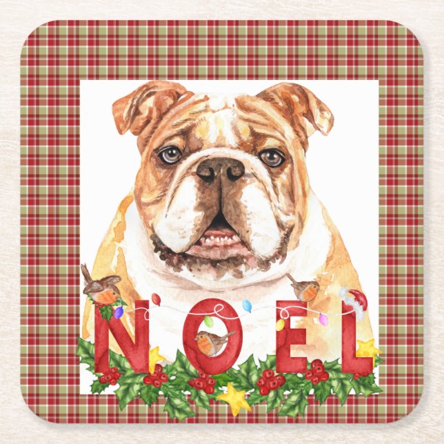 Dessous-de-verre Carré En Papier Aquarelle Bulldog Noel Noël (Devant)