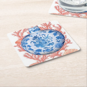 Dessous-de-verre Carré En Papier Aquarelle Chinoiserie Ginger Jar et Coral