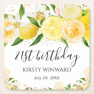 Dessous-de-verre Carré En Papier Aquarelle Citrons et Fleurs Anniversaire
