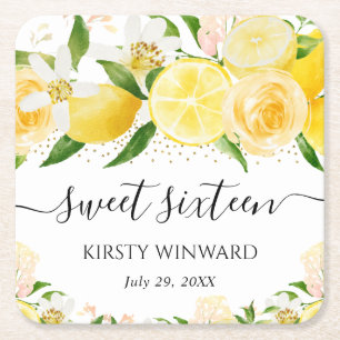 Dessous-de-verre Carré En Papier Aquarelle Citrons et Fleurs Sweet Sixteen