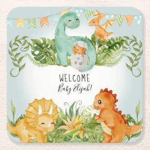Dessous-de-verre Carré En Papier Aquarelle Cute Dinosaur Foliage Bébé Garçon Dou