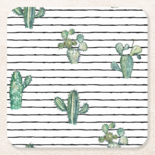 Dessous-de-verre Carré En Papier Aquarelle de Cactus : Dessin de stylo Vintage.