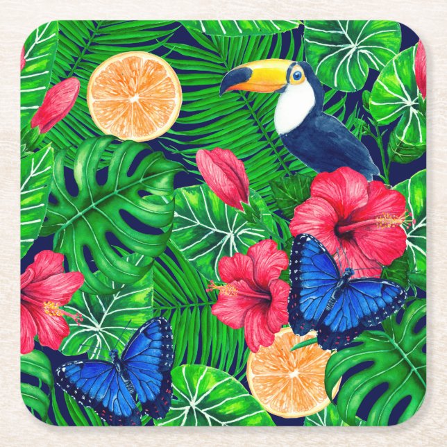 Dessous-de-verre Carré En Papier Aquarelle de jardin toucan et tropical (Devant)