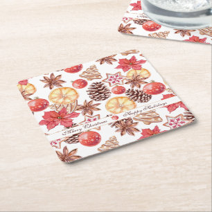 Dessous-de-verre Carré En Papier Aquarelle Éléments de Noël Motif sans couture