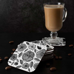 Dessous-de-verre Carré En Papier Aquarelle et fleurs d'encre - noir et blanc