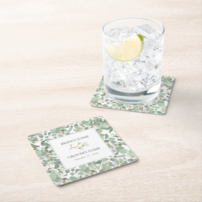 Dessous-de-verre Carré En Papier Aquarelle Eucalyptus Mariage de fleurs vertes (En situation)