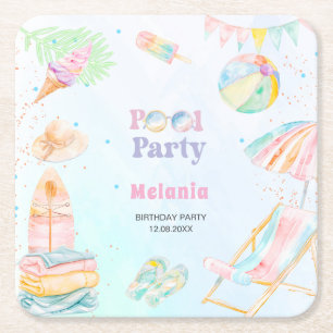 Dessous-de-verre Carré En Papier     Aquarelle fête d'anniversaire piscine été Assi