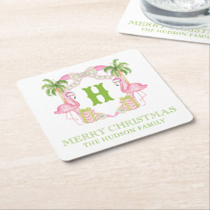 Dessous-de-verre Carré En Papier Aquarelle Flamant rose rose Monogramme Crest Noël
