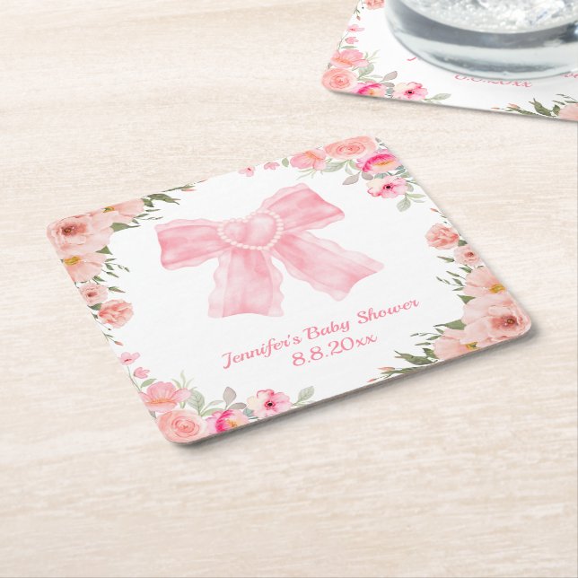 Dessous-de-verre Carré En Papier aquarelle floral rose arc fille baby shower (Incliné)