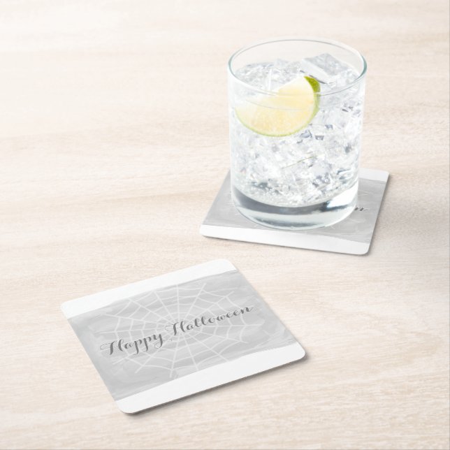 Dessous-de-verre Carré En Papier Aquarelle gris araignée Web Halloween (En situation)