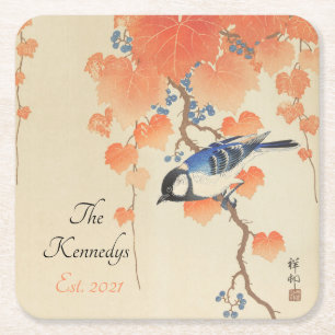 Dessous-de-verre Carré En Papier Aquarelle japonaise Vintage impression avec oiseau
