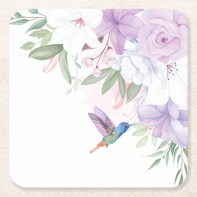 Dessous-de-verre Carré En Papier Aquarelle Jardin Fleurs Oiseau de colibri (Devant)