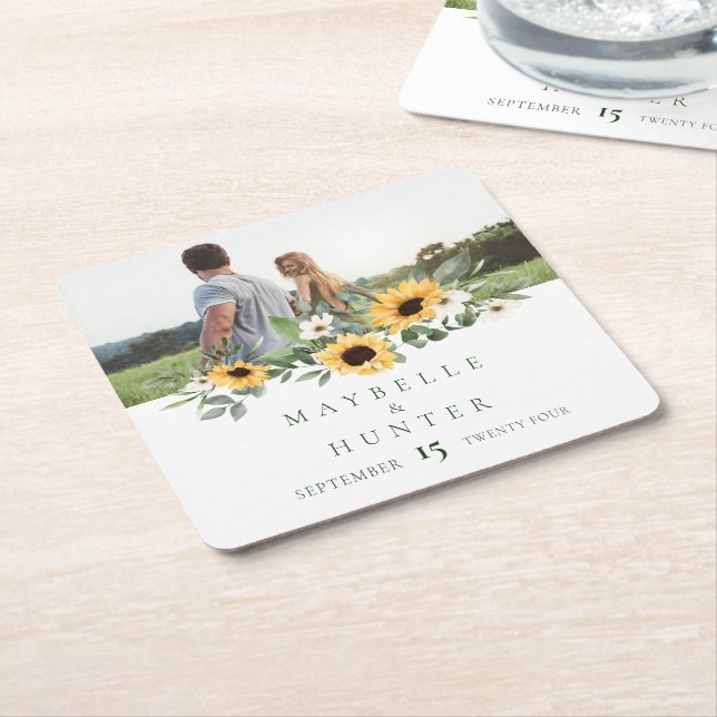 Dessous-de-verre Carré En Papier Aquarelle jaune Tournesols Photo Enregistrer Notre (Incliné)