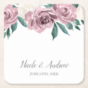Dessous-de-verre Carré En Papier Aquarelle Mauve Roses Floral Mariage personnalisé